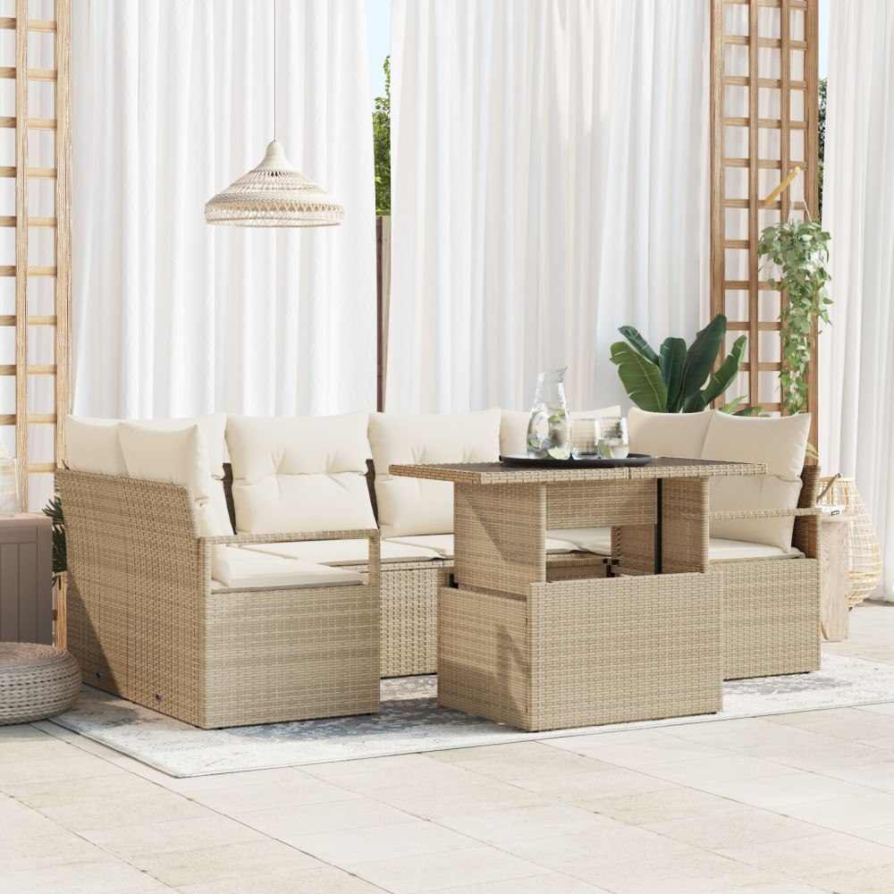 vidaXL 7-delad trädgårdsoffagrupp med kuddar Beige Poly Rattan