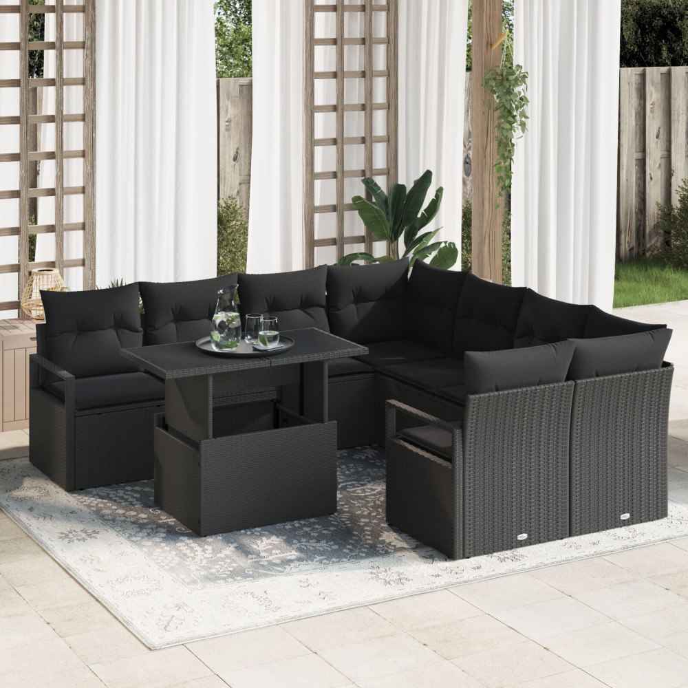 vidaXL Trädgårdsoffset 9 st Svart Poly rattan