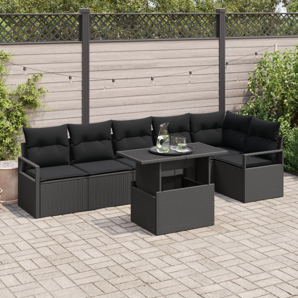 vidaXL Trädgårdsoffset 7 st Svart Poly rattan