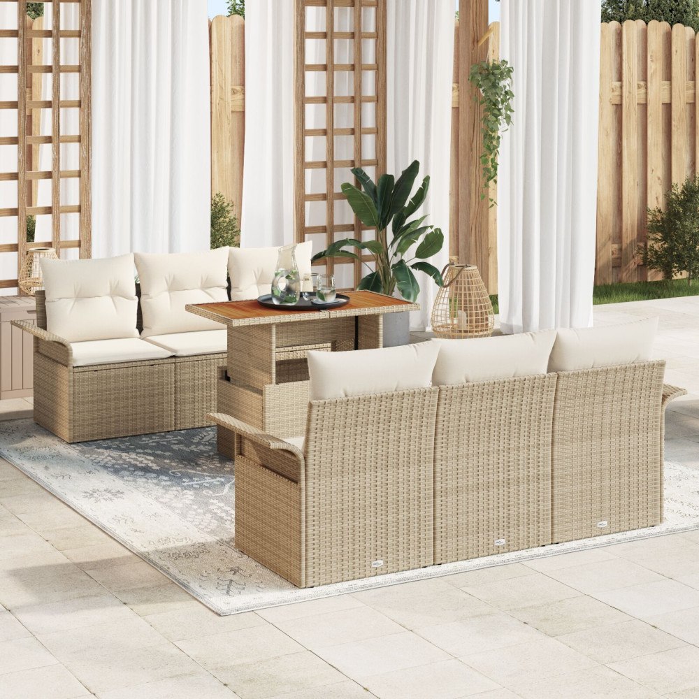vidaXL 7-delars Trädgårdsoffset med kuddar Beige Poly Rottning