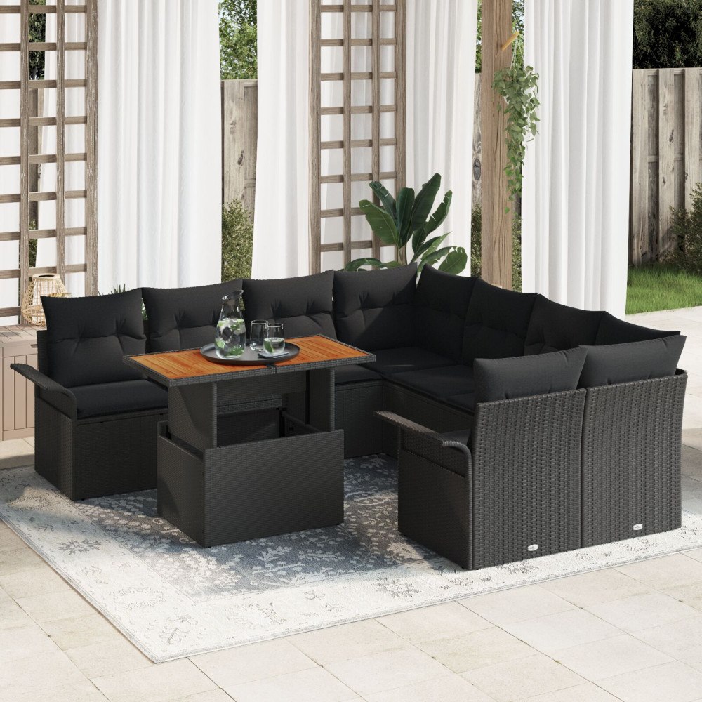 vidaXL Trädgårdsoffset 9 st Svart Poly rattan
