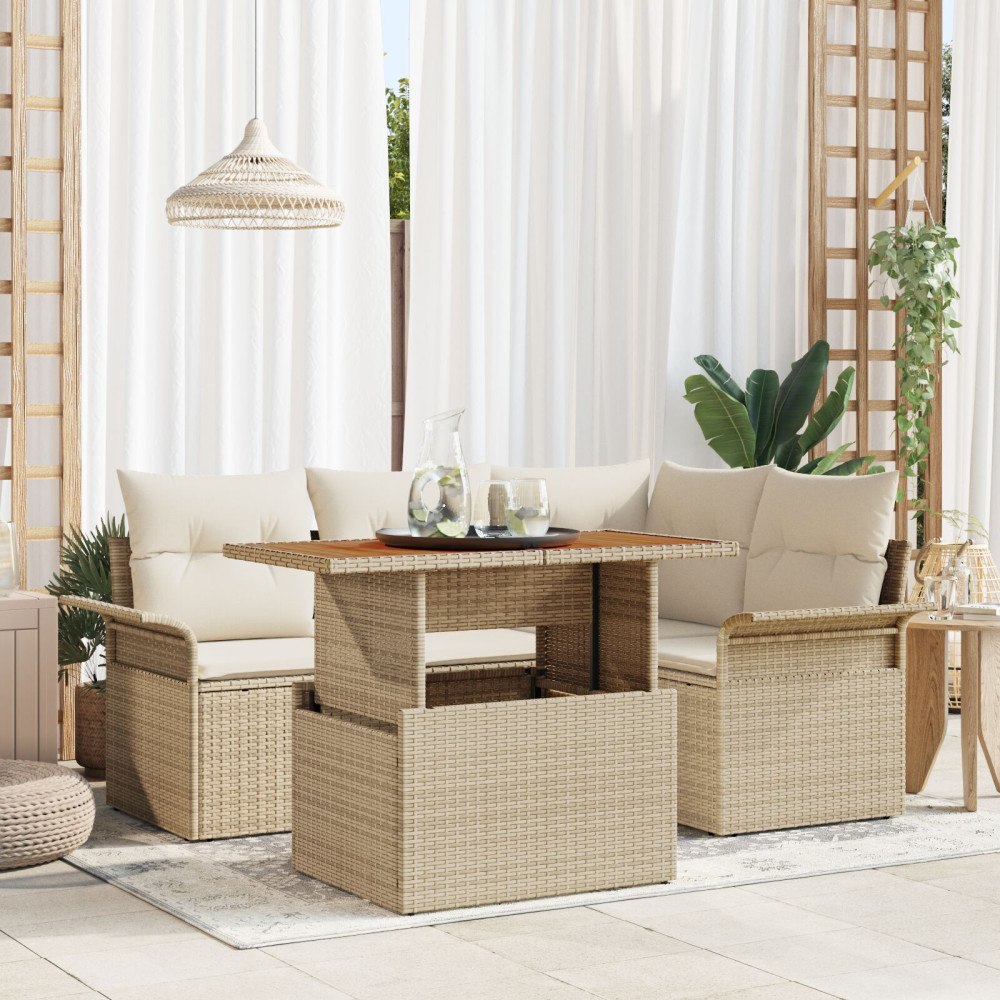 vidaXL 5 delad Trädgårdsoffasett med kuddar Beige Poly Rattan