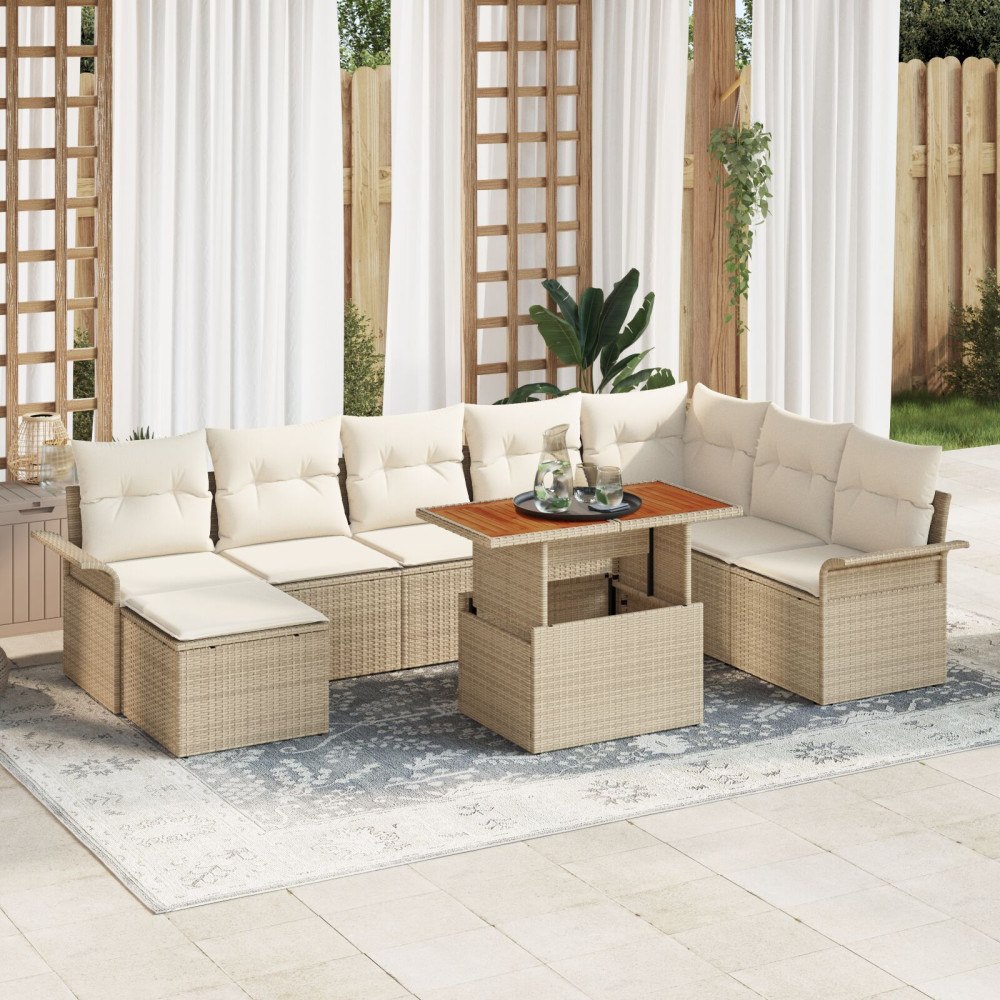 vidaXL 9-delars trädgårdsoffset med kuddar, beige poly rattan