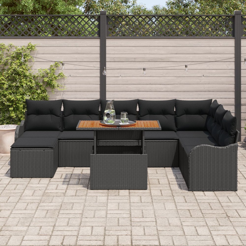 vidaXL Trädgårdsoffset 9 st Svart Poly rattan