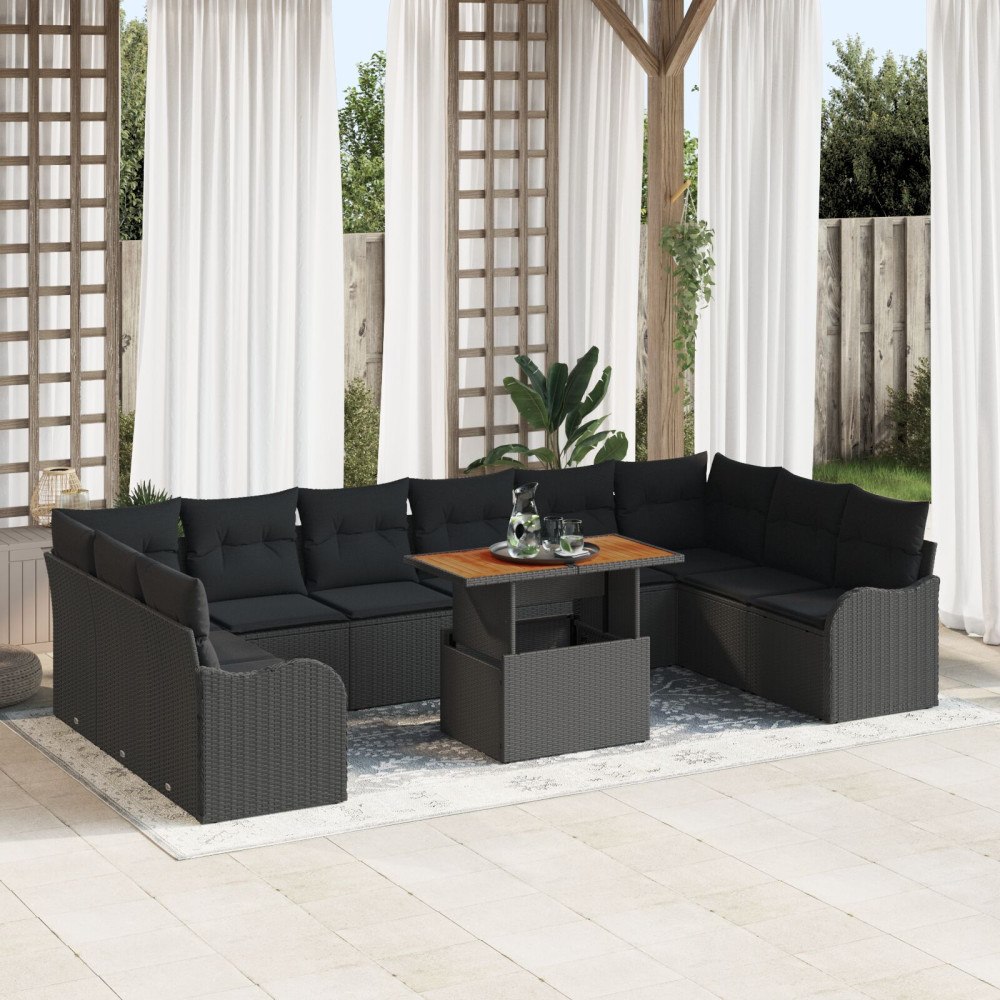 vidaXL Trädgårdsoffset 11 st Svart Poly rattan