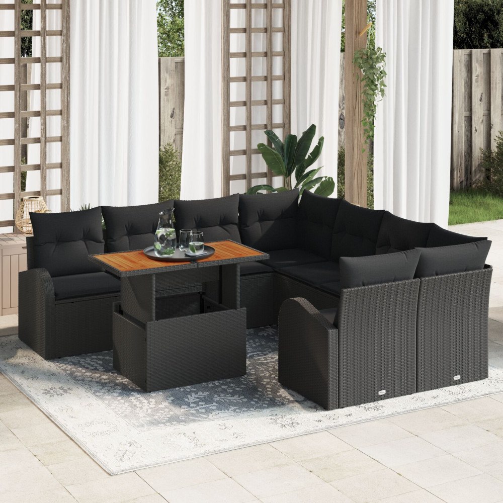 vidaXL Trädgårdsoffset 9 st Svart Poly rattan