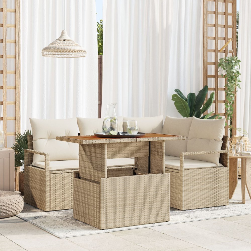 vidaXL 5-delat trädgårdsoff set med kuddar beige poly rotting