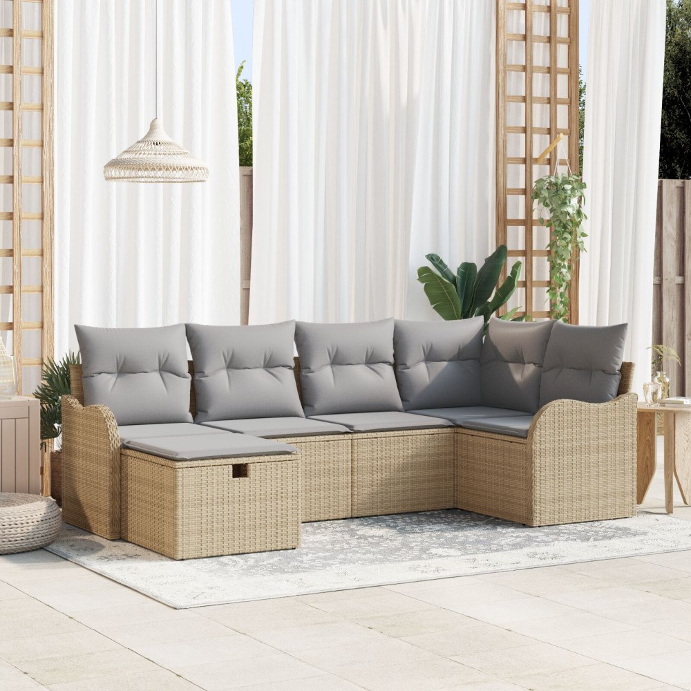 vidaXL Trädgårdsoffset med kudde 6 pcs beige och ljusgrå Poly rattan