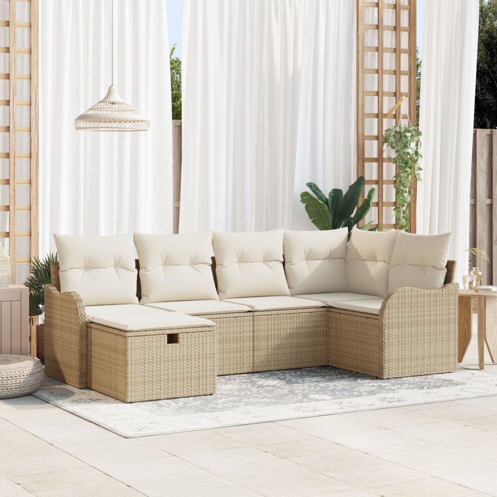 vidaXL Trädgårdsoffset med kudde 6 pcs beige och gräddvit Poly rattan