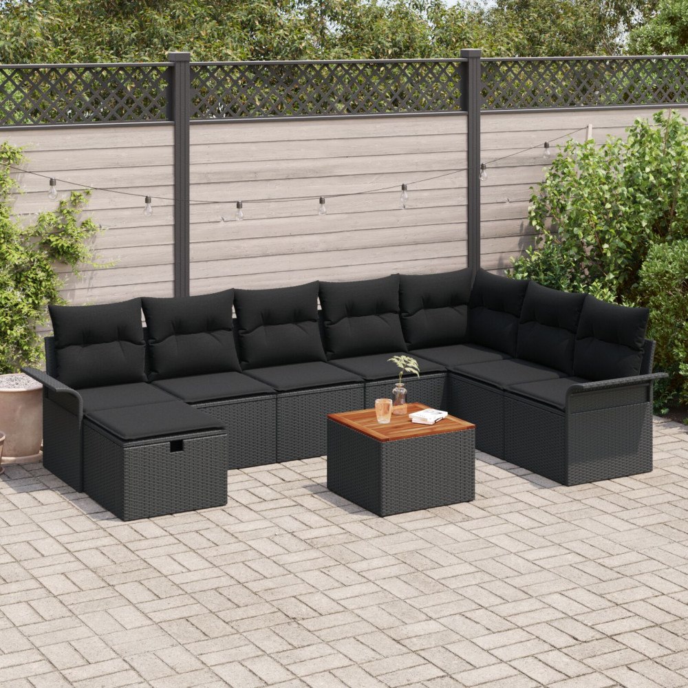 vidaXL Trädgårdsoffset 9 st Svart Poly rattan