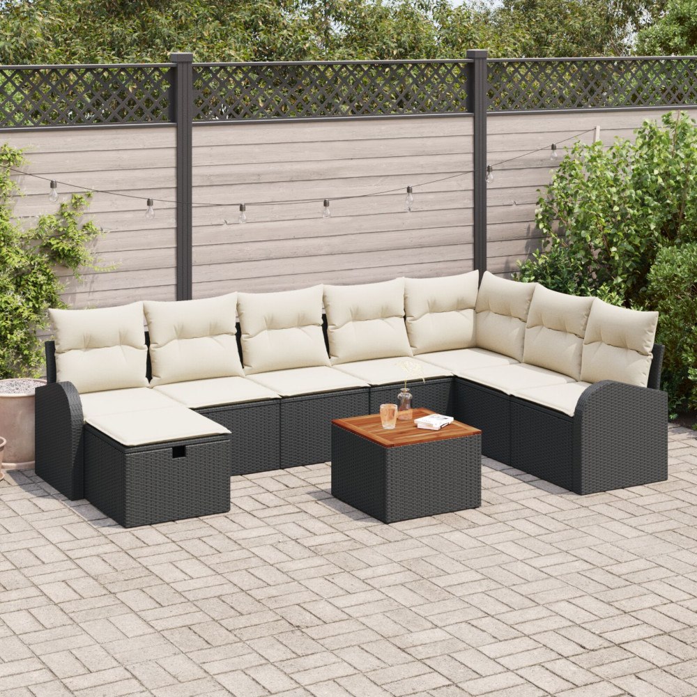 vidaXL Trädgårdsoffset 9 st Svart Poly rattan