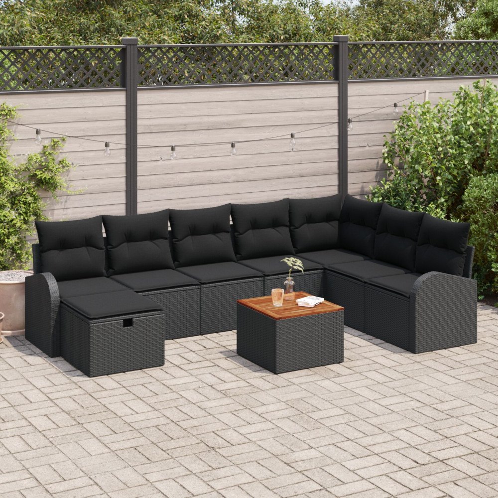 vidaXL Trädgårdsoffset 9 st Svart Poly rattan