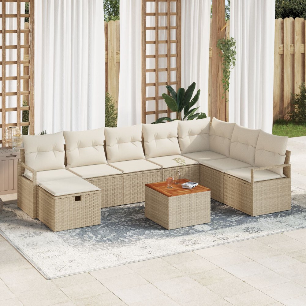 vidaXL 9-delars trädgårdsofabord med kuddar beige poly rattan