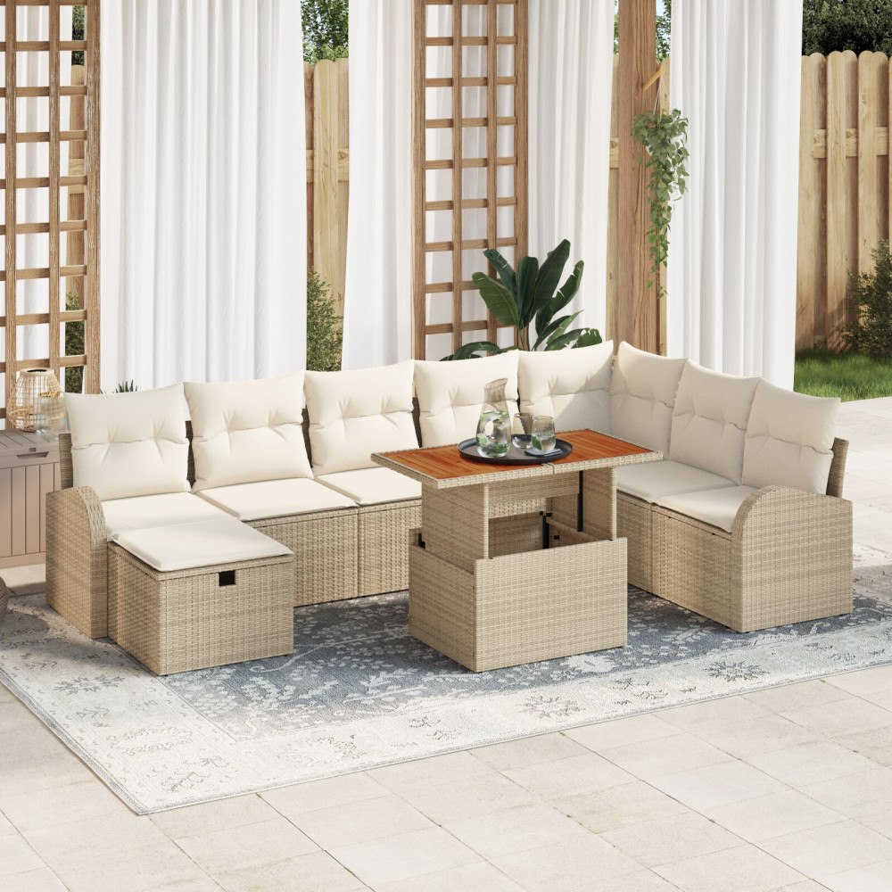vidaXL 9-delars Trädgårdsoffaset med kuddar Beige Poly Rattan