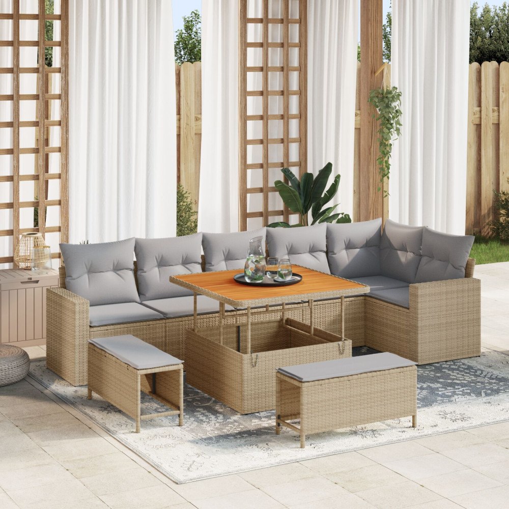 vidaXL Trädgårdsoffset 9 st Beige konstrotting