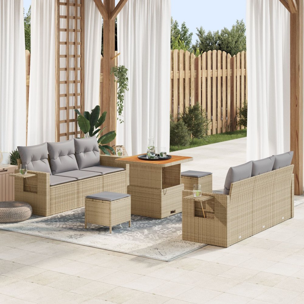 vidaXL Trädgårdsoffset med kudde 9 pcs Beige konstrotting