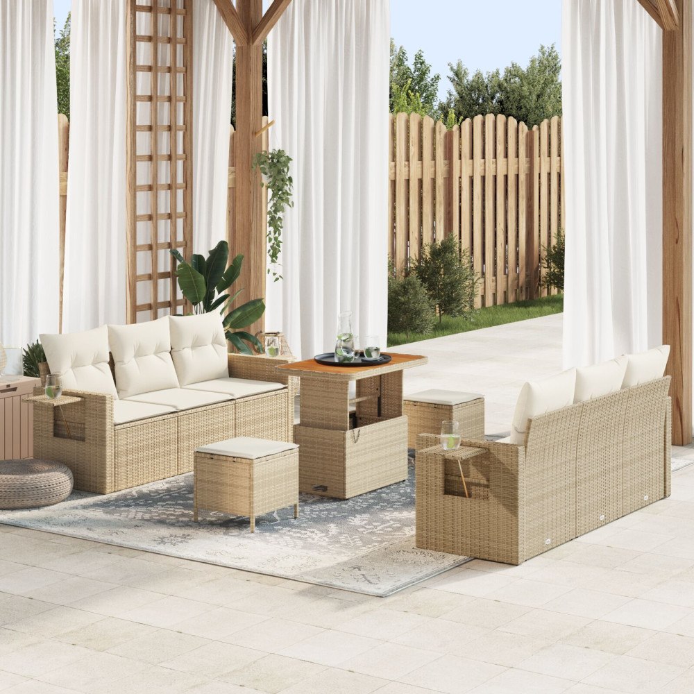 vidaXL Trädgårdsoffset med kudde 9 pcs Beige konstrotting