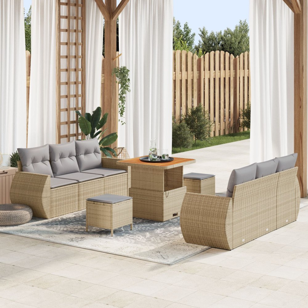 vidaXL Trädgårdsoffset 9 st Beige konstrotting
