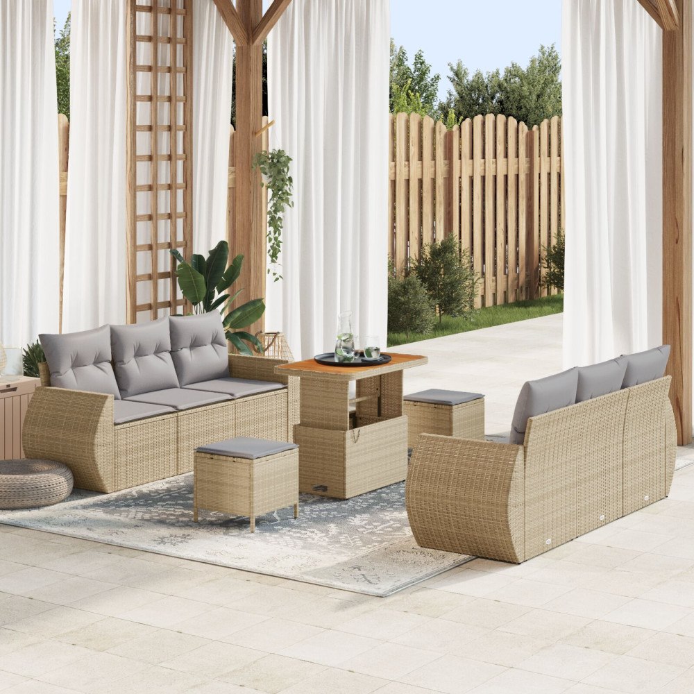 vidaXL Trädgårdsoffset 9 st Beige konstrotting
