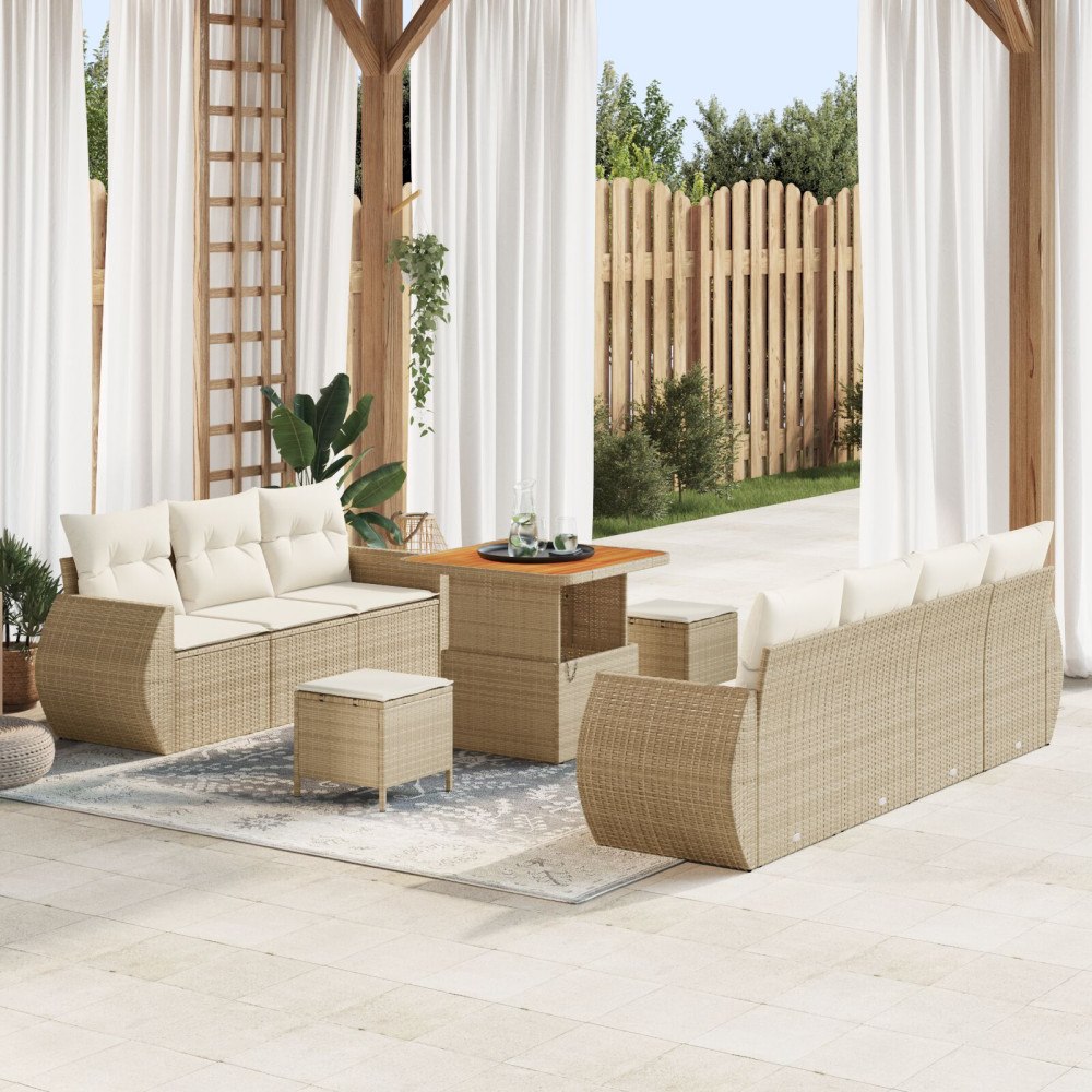 vidaXL Trädgårdsoffset med kudde med lagring 10 pcs Beige konstrotting