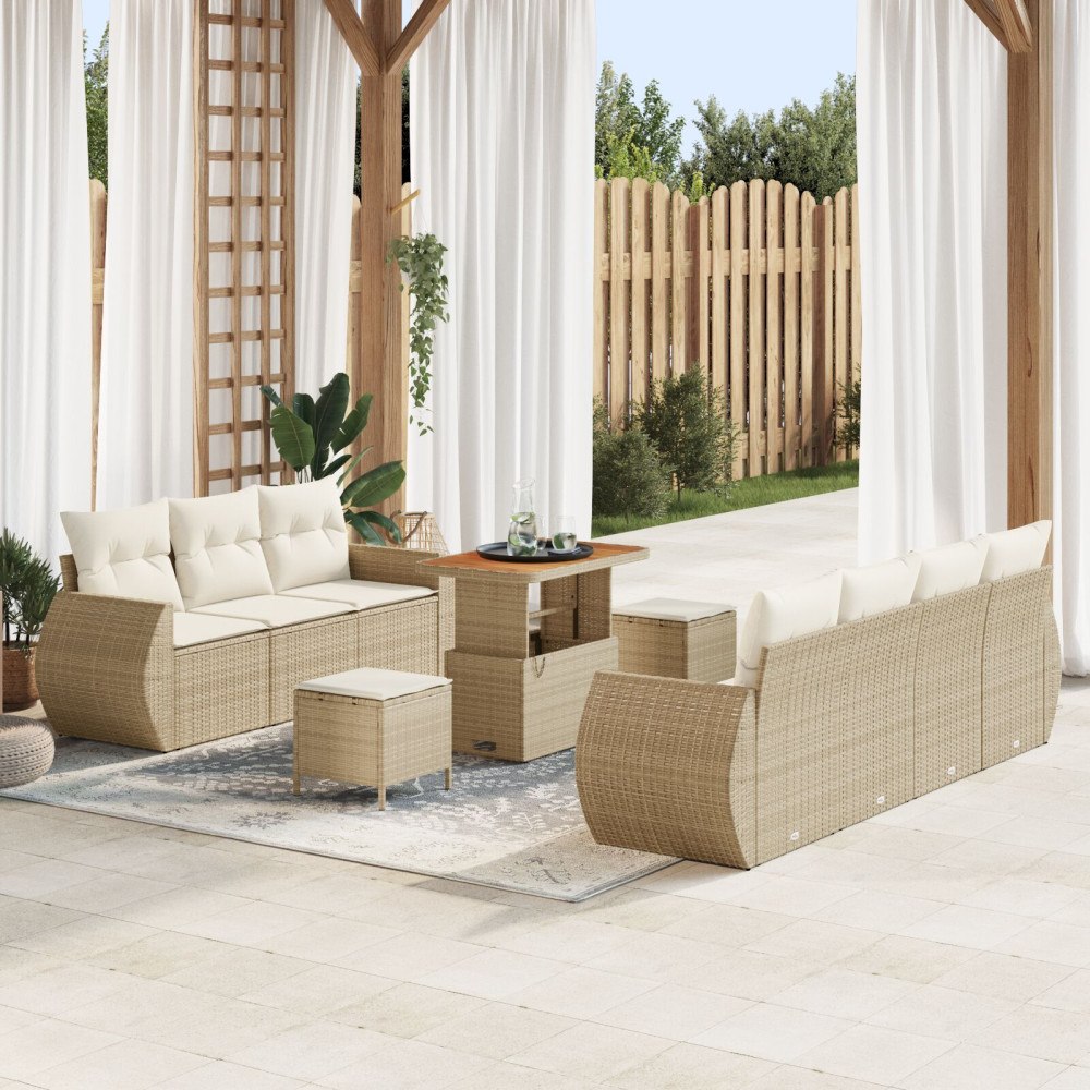 vidaXL Trädgårdsoffset med kudde med lagring 10 pcs Beige konstrotting