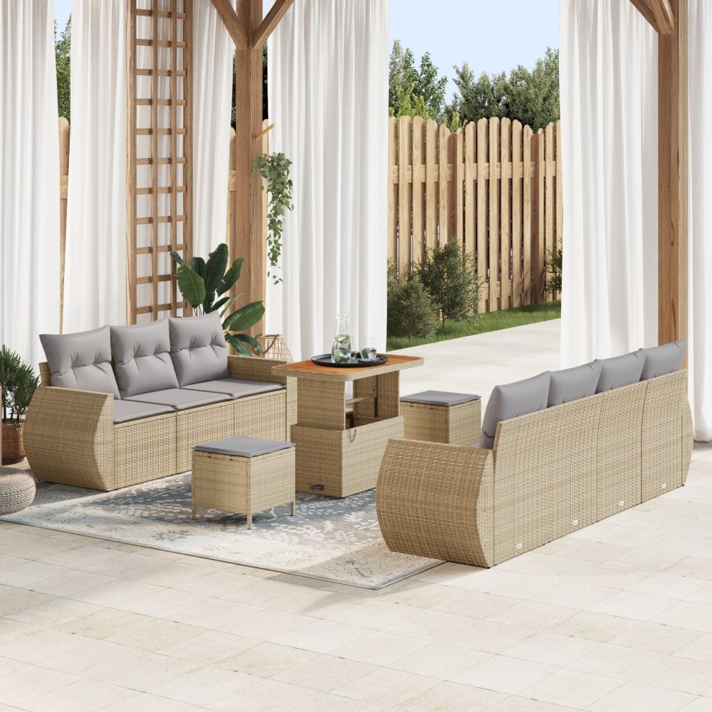 vidaXL Trädgårdsoffset med kudde med lagring 10 pcs Beige konstrotting