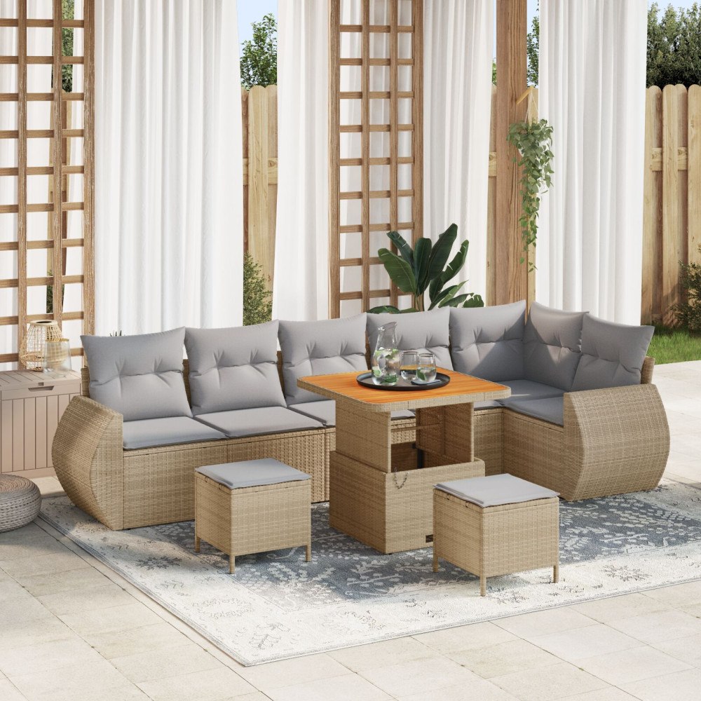 vidaXL Trädgårdsoffset 9 st Beige konstrotting