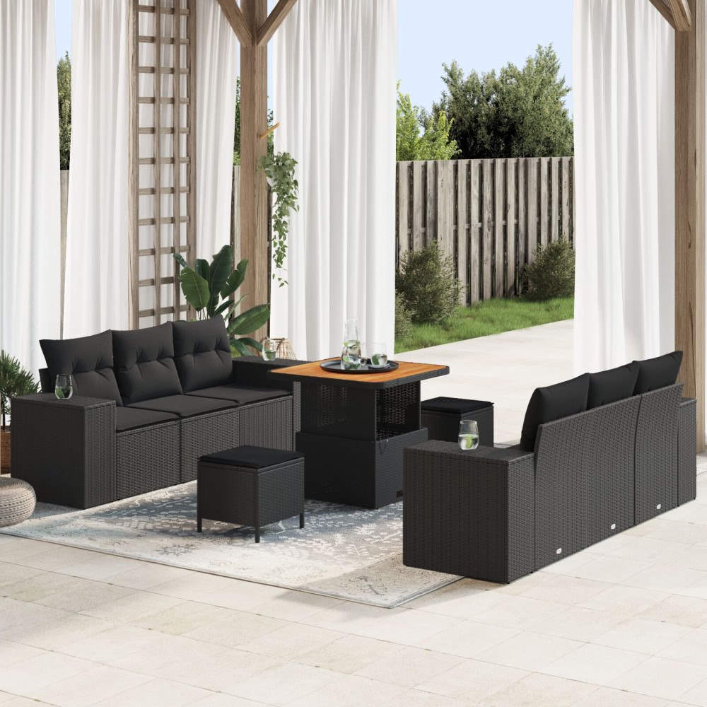 vidaXL Trädgårdsoffset 9 st Svart Poly rattan