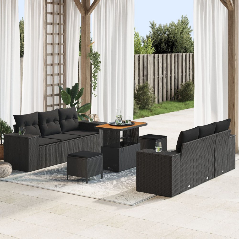 vidaXL Trädgårdsoffset 9 st Svart Poly rattan