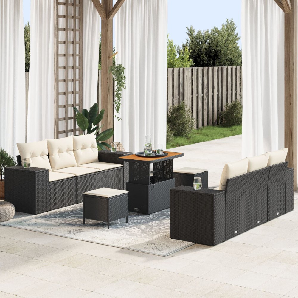 vidaXL Trädgårdsoffset 9 st Svart Poly rattan