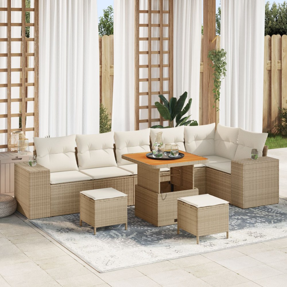vidaXL Trädgårdsoffset 9 st Beige konstrotting