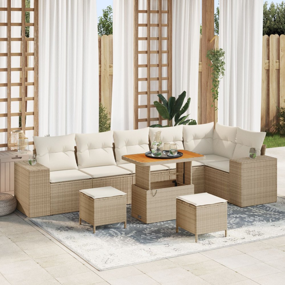 vidaXL Trädgårdsoffset 9 st Beige konstrotting