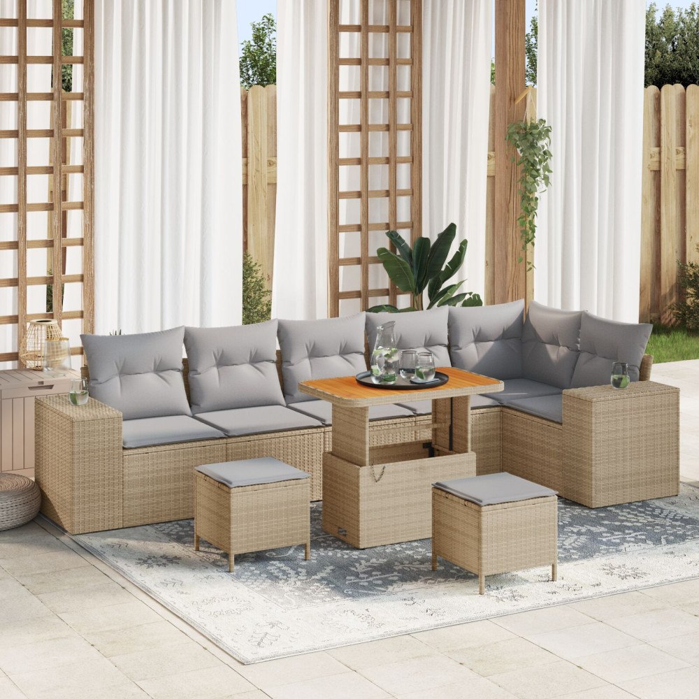 vidaXL 9-delad Trädgårdsoffagrupp med Kuddar Beige Poly Rattan Akacia, vidaXL 3-delad Trädgårdsserveringsset med Kuddar Beige P...