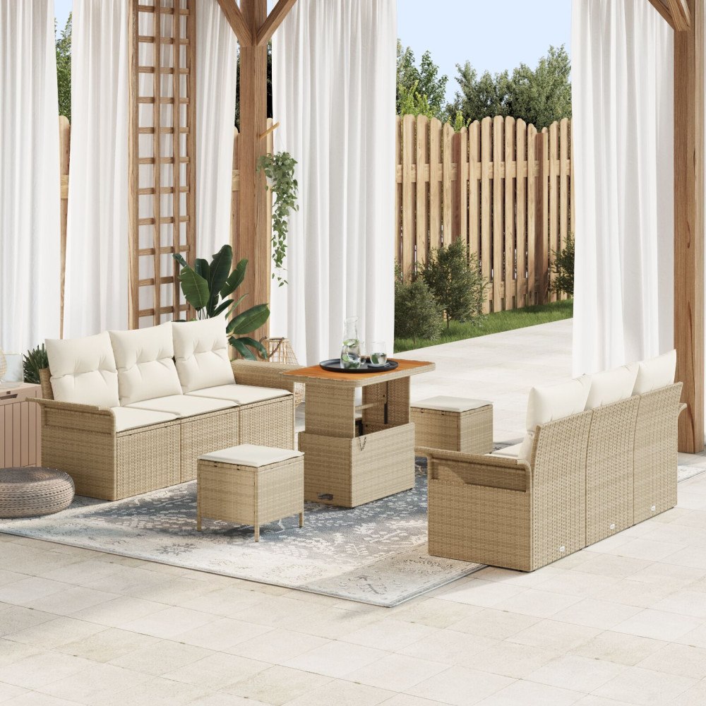 vidaXL Trädgårdsoffset 9 st Beige konstrotting