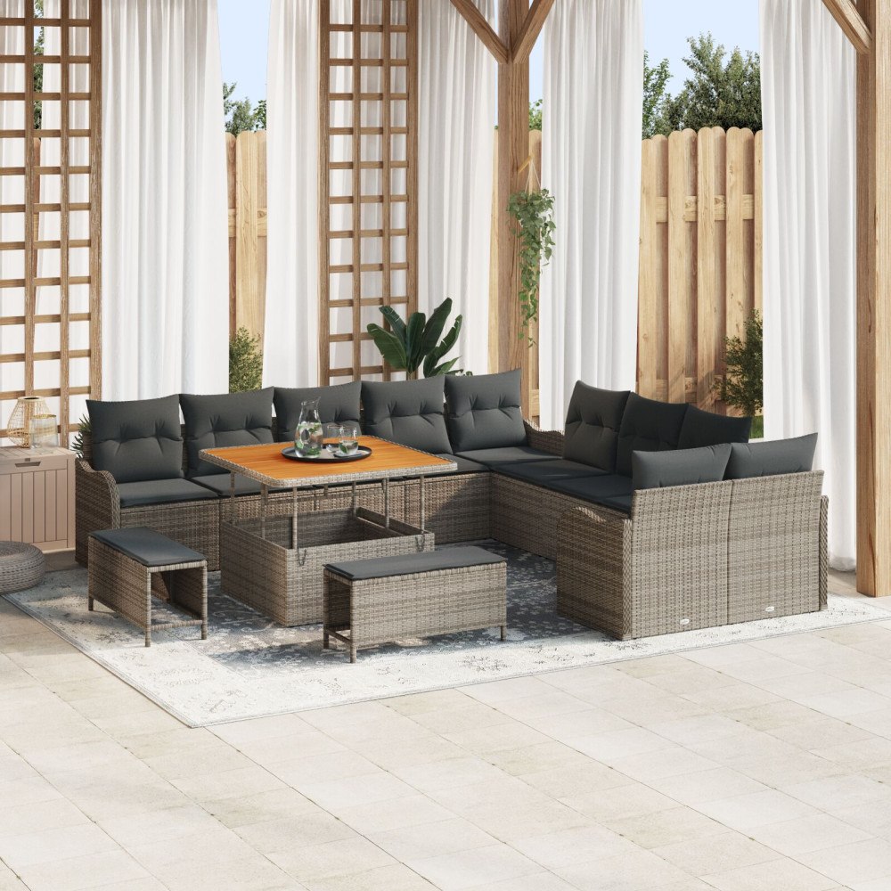 vidaXL 13-delars trädgårdssoffset med kuddar Grå Poly Rattan Acacia, vidaXL 2-sits trädgårdssoffa med kuddar Grå Poly Rattan, v...