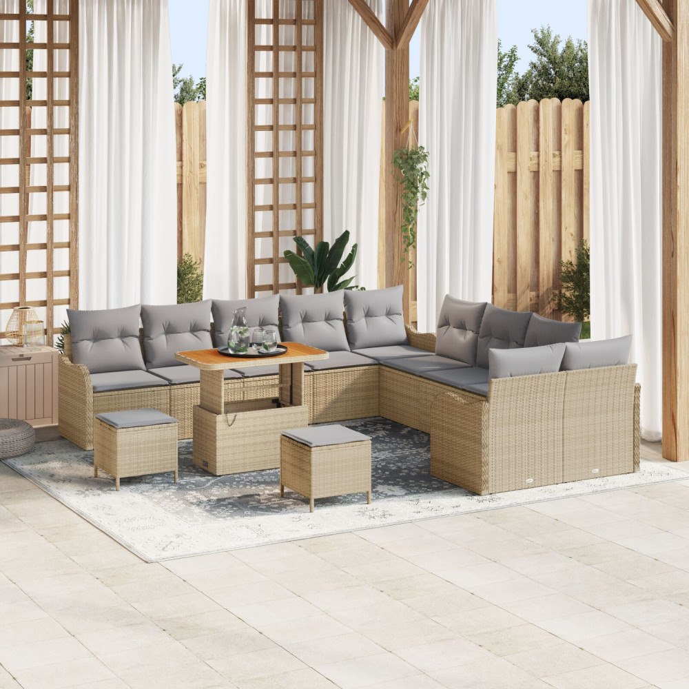 vidaXL 13 Delars Trädgårdsoffas med kuddar Beige Poly Rattan Akacia, vidaXL 2-sits Trädgårdsoffa med kuddar Beige Poly Rattan,...
