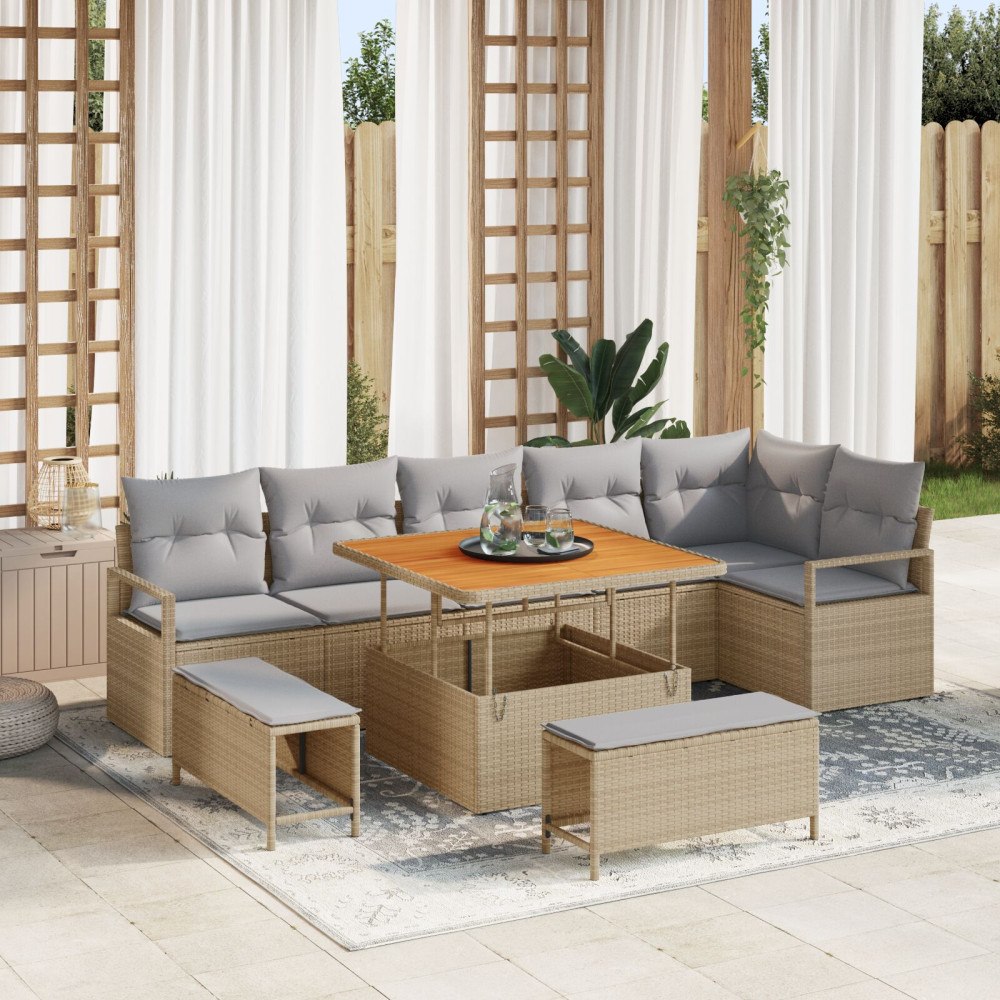 vidaXL Trädgårdsoffset med kudde 9 pcs Beige Poly rattan