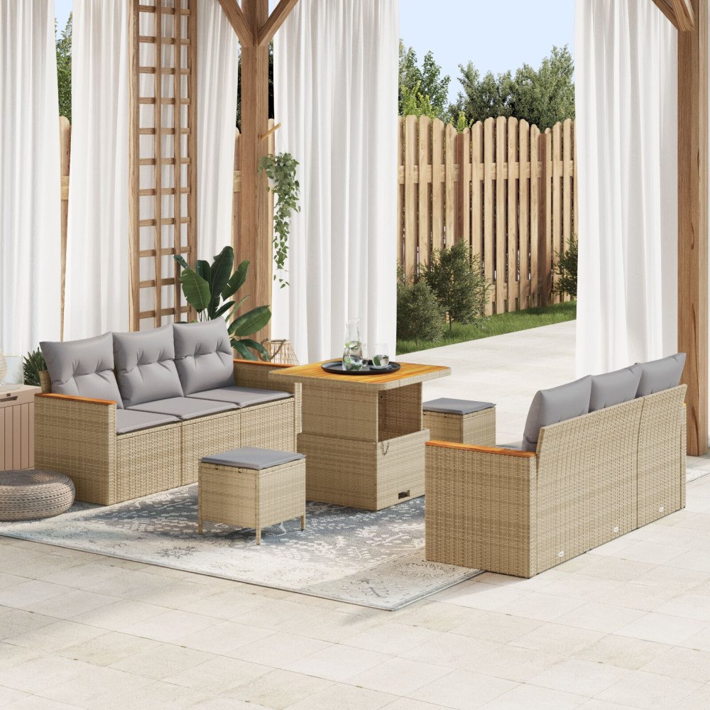 vidaXL Trädgårdsoffset 9 st Beige konstrotting