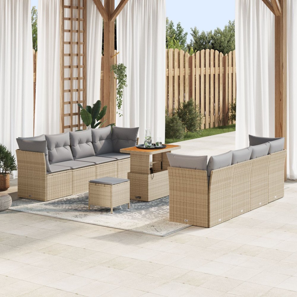 vidaXL 11-delat trädgårdsoff-set med kuddar beige polyrotting akacia, vidaXL 3-delat trädgårdsdining set med kuddar beige polyr...