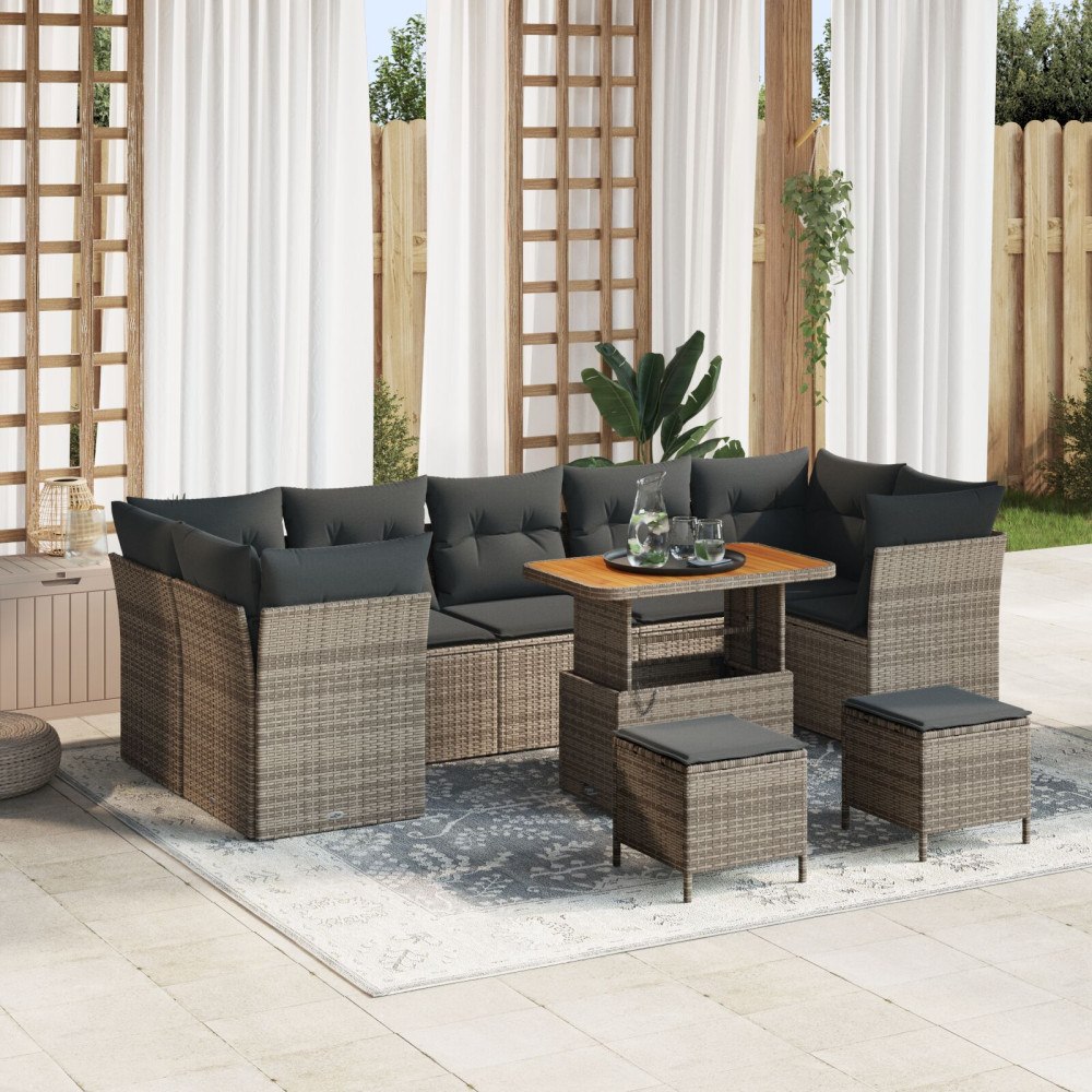 vidaXL 10-delat trädgårdsoffaset med kuddar Grå Poly Rattan Akacia, vidaXL 3-delad trädgårdsdining set med kuddar Grå Poly Ratt...