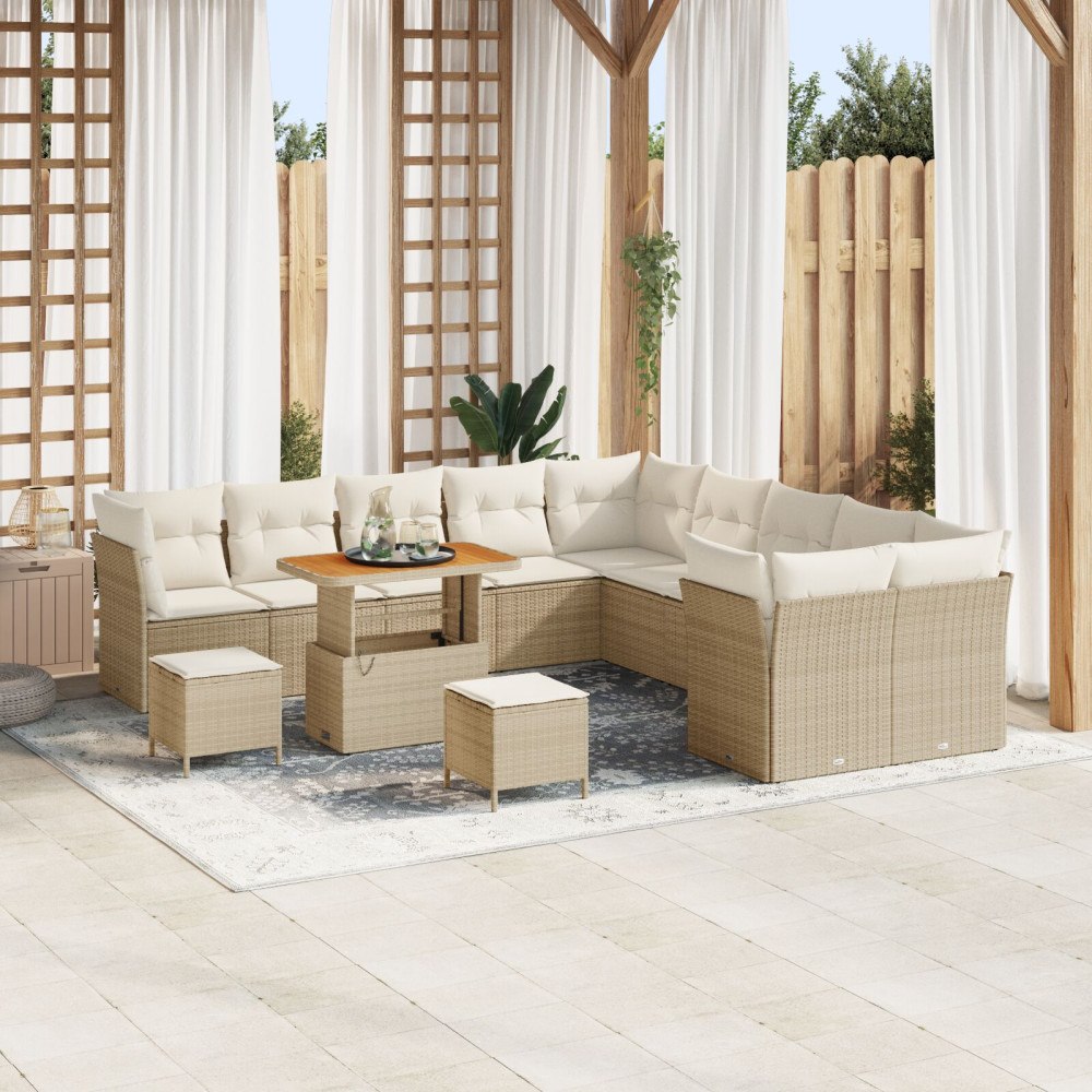 vidaXL 13-delat Trädgårdsoffaset med Kuddar Beige Poly Rattan Akacia, vidaXL 3-delat Trädgårdsinredningsset med Kuddar Beige Po...