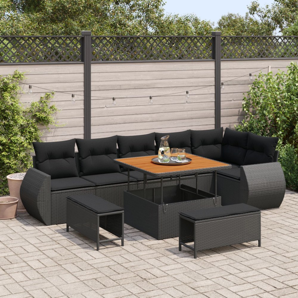 vidaXL Trädgårdsoffset 9 st 9-Antal sittplatser Svart Poly Rattan