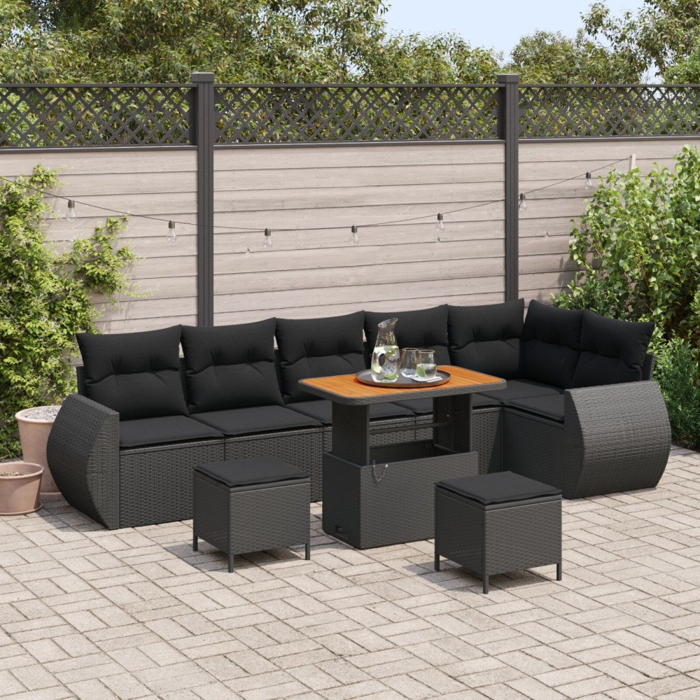 vidaXL Trädgårdsoffset 9 st 9-Antal sittplatser Svart Poly Rattan