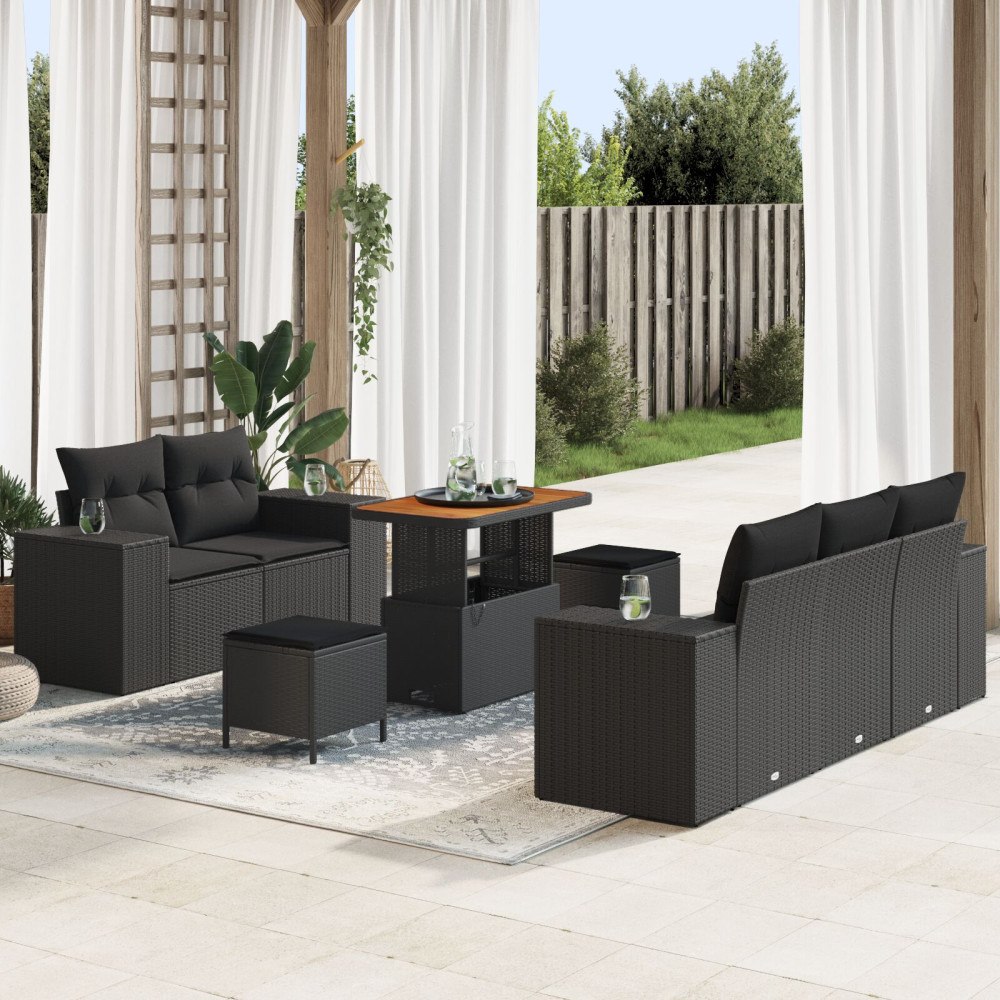 vidaXL Trädgårdsoffset 8 st 8-Antal sittplatser Svart Poly Rattan
