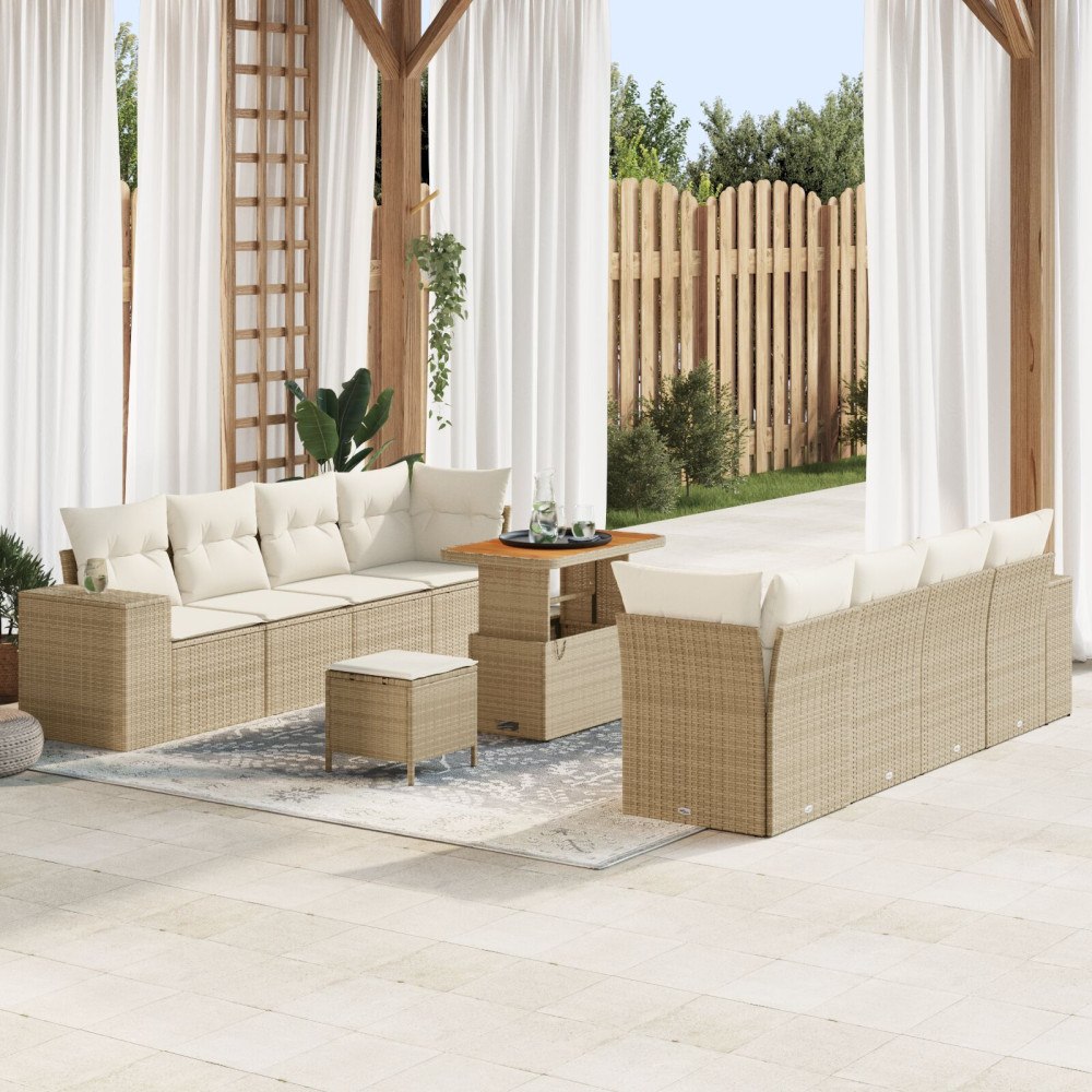 vidaXL 11-delad trädgårdsoffaset med kuddar beige poly rotting akacia, vidaXL 3-delad trädgårds matbord och stolar med kuddar b...