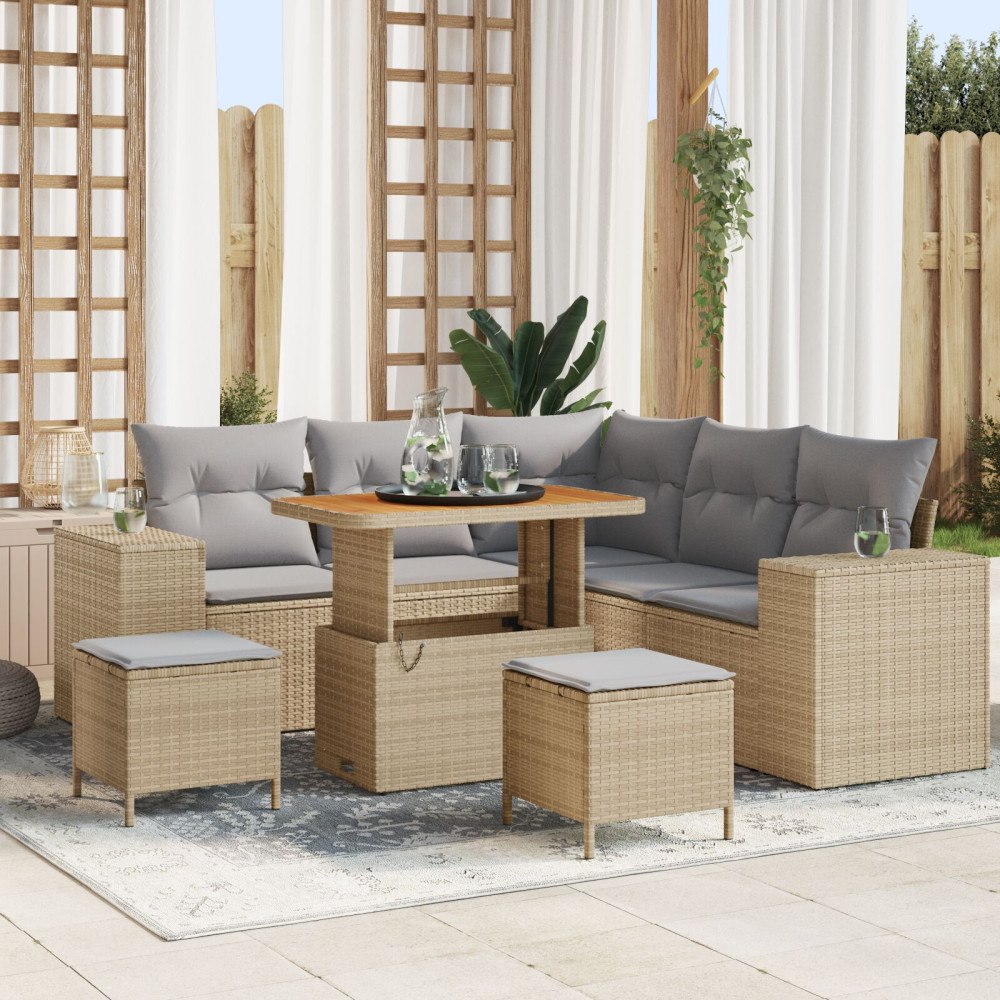 vidaXL 8-delat trädgårdsoffasett med dynor beige poly rattan akacia, vidaXL 3-delat trädgårdsserveringsset med dynor beige poly...