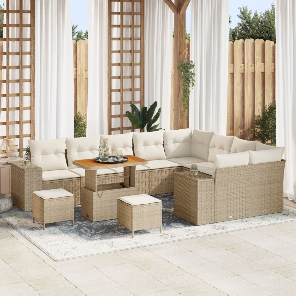 vidaXL 12-delat trädgårdsoffset med kuddar beige poly rattan akacia