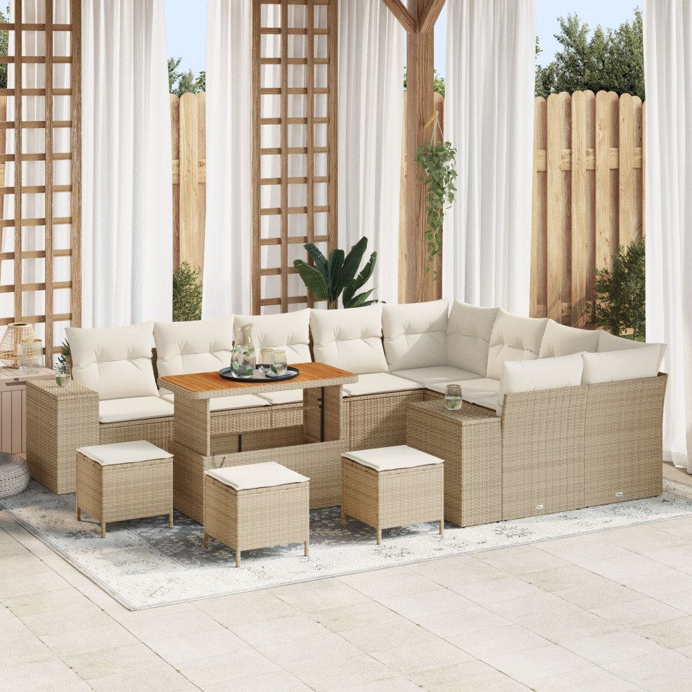 vidaXL 13-delars Trädgårdsoffasett med kuddar Beige Poly Rattan Akacia