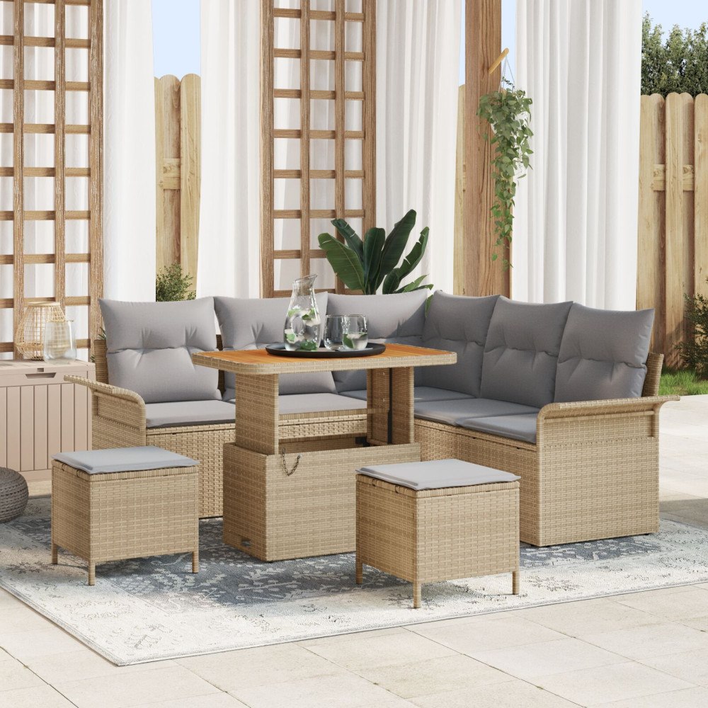 vidaXL 8-delat Trädgårdsoffset med Kuddar Beige Poly Rattan Akacia, vidaXL 2-sits Trädgårdsoffa med Förvaring & Kuddar Beige Po...
