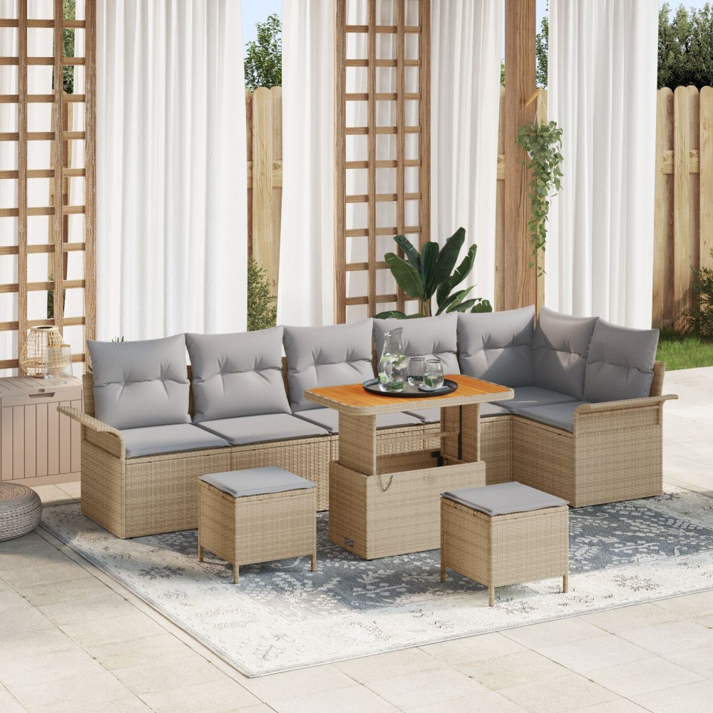 vidaXL 9-delad trädgårdsoffagrupp med kuddar i beige polyrottning, vidaXL 2-sits trädgårdsoffa med förvaring & kuddar i beige p...